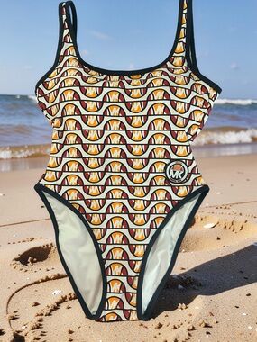 Michael Kors Retro MK Logo One-Piece Swimsuit in Black, White, Orange